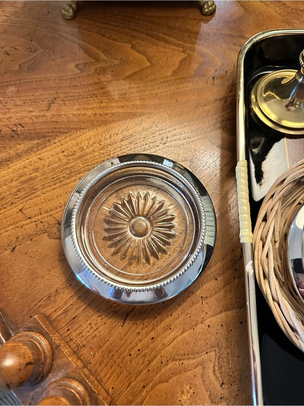 Vintage Silver-Tone Glass Coasters with Sunburst Detail - Set of 4